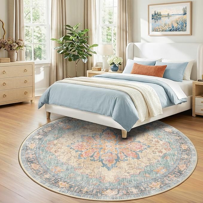 RELEANY Area Rugs Round 8ft Washable Non-Slip, Floral Vintage Distress Print - Image 3