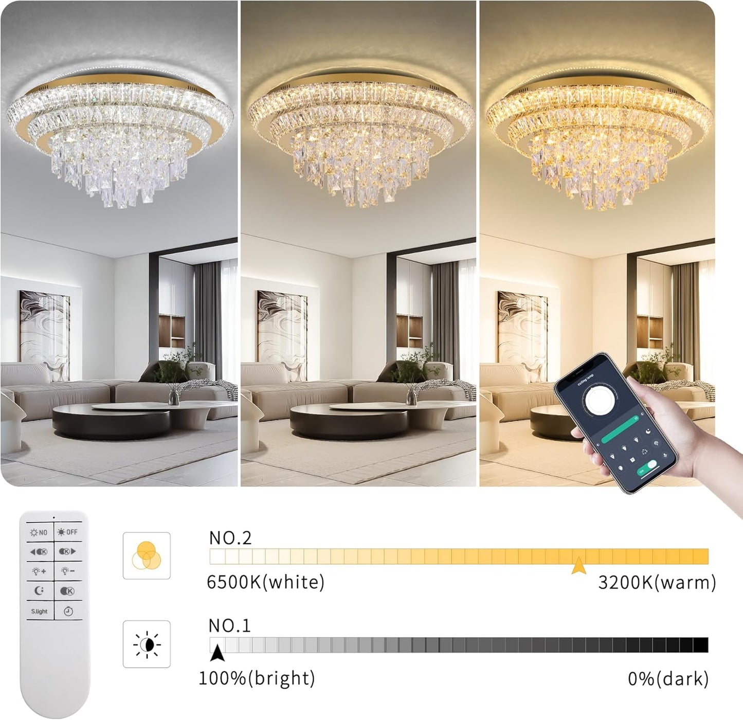 24 inch Crystal Gold Ceiling-Light Flush Mount with Remote Control and APP, 3CCT Dimmable & Brightness Adjustable, Modern Crystal Raindrop Chandeliers for Bedroom Hallway Dinning Room Living Room
