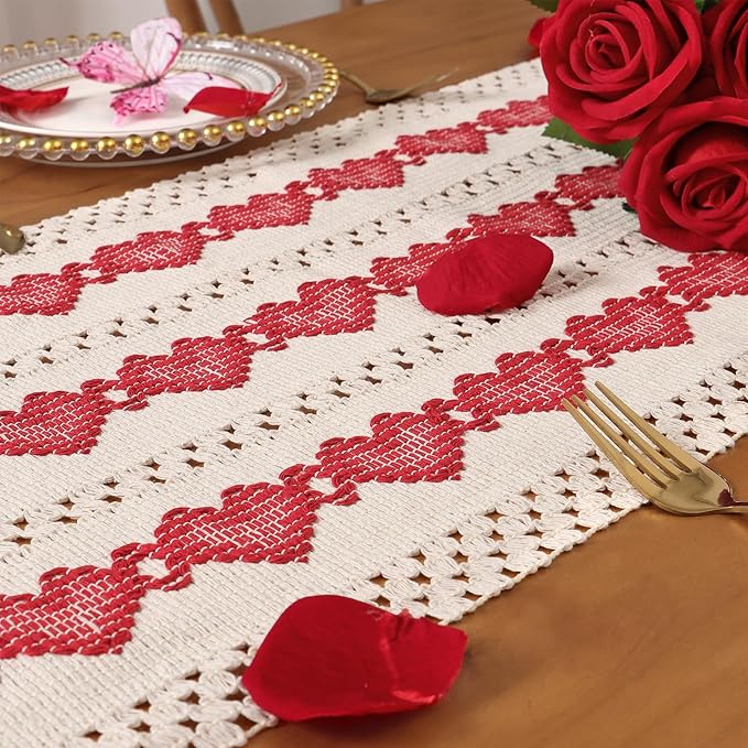Macrame Table Runner Beige and Red Heart Table Runners - Image 7