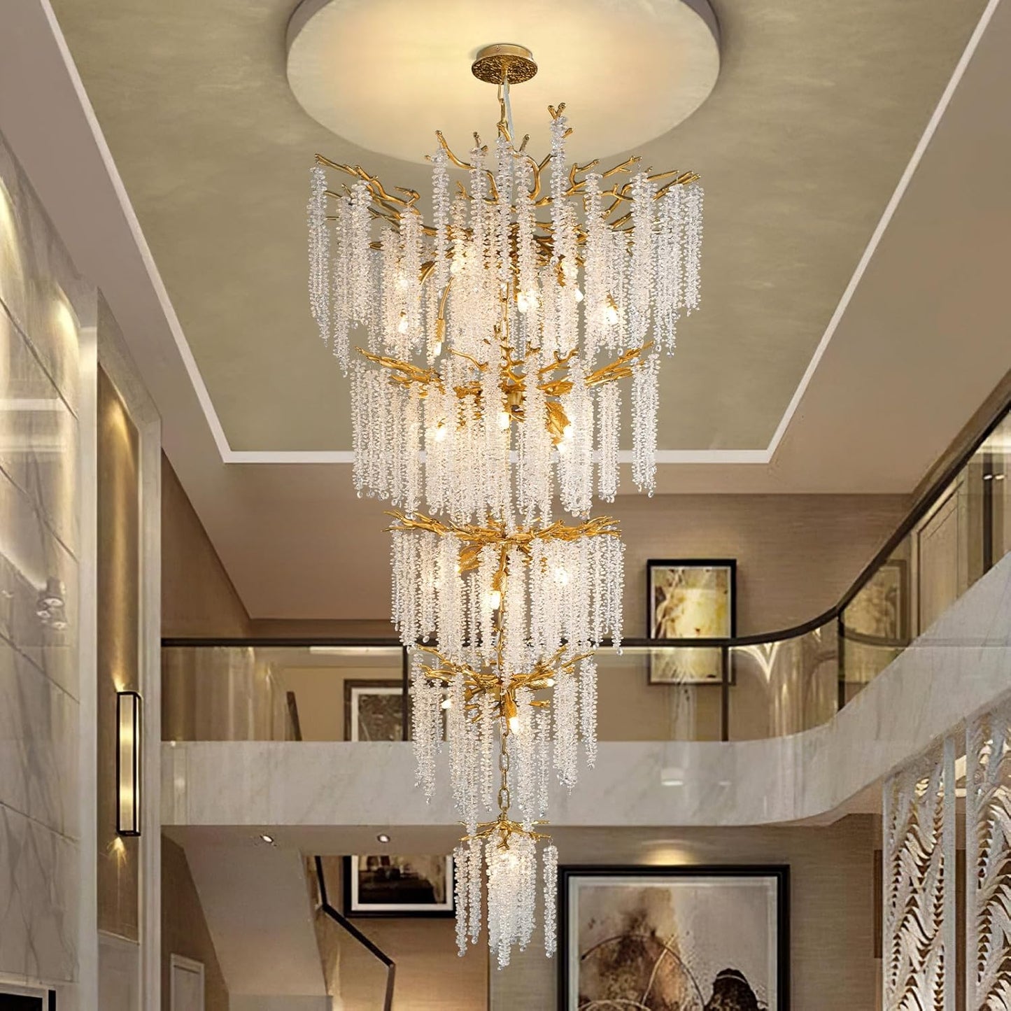 YUYI Upgraded 118'' Long Crystal Chandelier for High Ceiling, 28-Light Modern Gold Tree Branch Chandelier, Large Chandeliers for Foyer, Entryway, Staircase, 5-Tier Luxury K9 Raindrop Light Fixtures