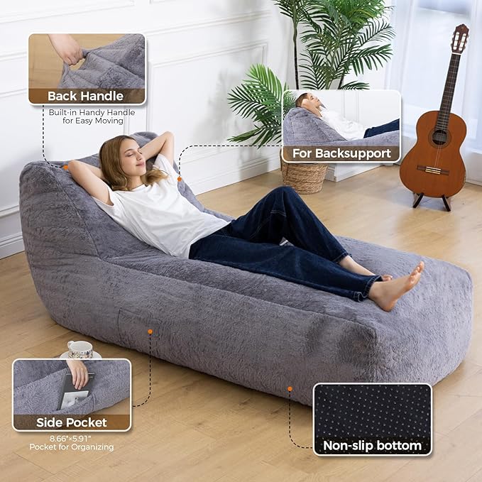 Giant Bean Bag Chair for Adults, Big Faux Fur Plush Bean Bag Lounger, Large - Image 3