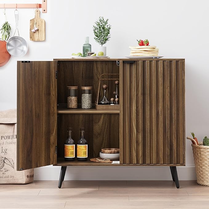 Smuxee Fluted Sideboard Cabinet, Freestanding Walnut Buffet Cabinet - Image 3