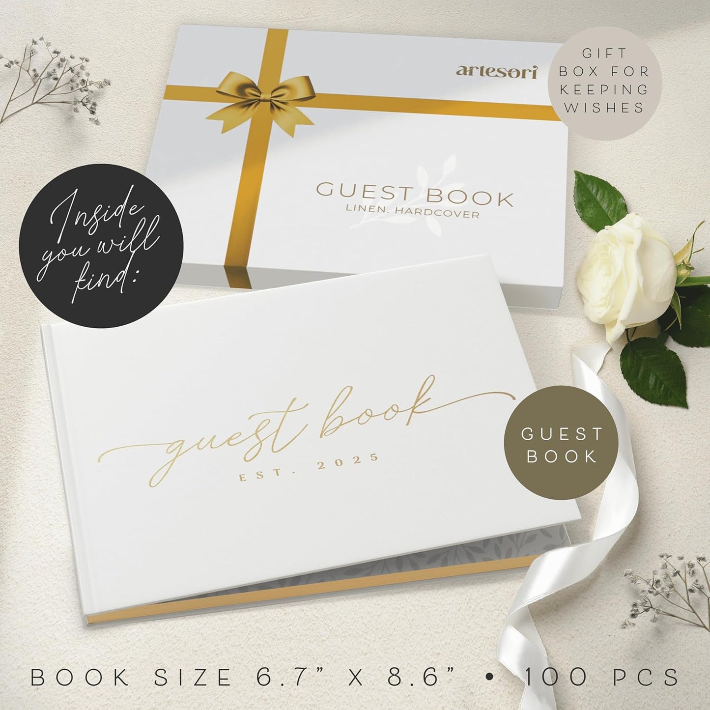 Personalized 2025 Wedding Guest Book for Reception — Guestbook to Sign In, Elegant Baby Shower Guest Book for Party & Birthday — Photo & Polaroid Guest Book for Wedding & Bridal Shower (White)