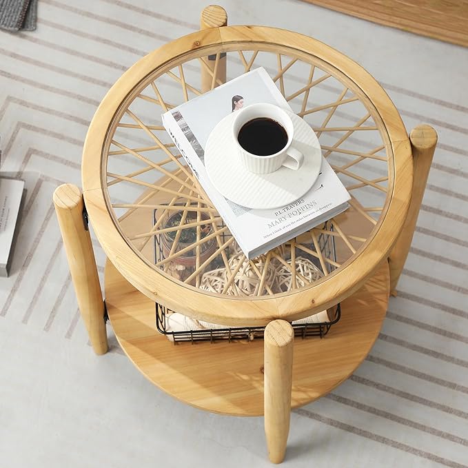 RUSTOWN Rattan Nightstands Set of 2, Boho Wood Round Side Tables, 2-Tier - Image 8