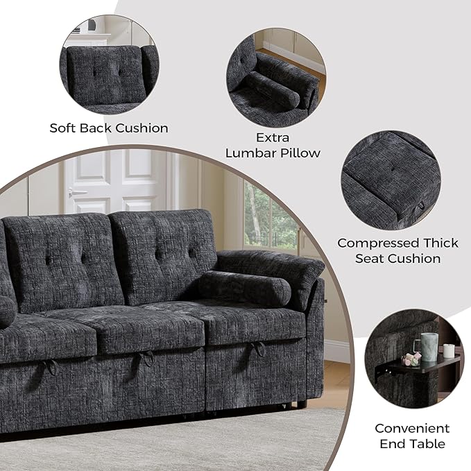 Convertible Sleeper Sofa Bed, 63 Inch Chenille Pull Out Couch - Image 3