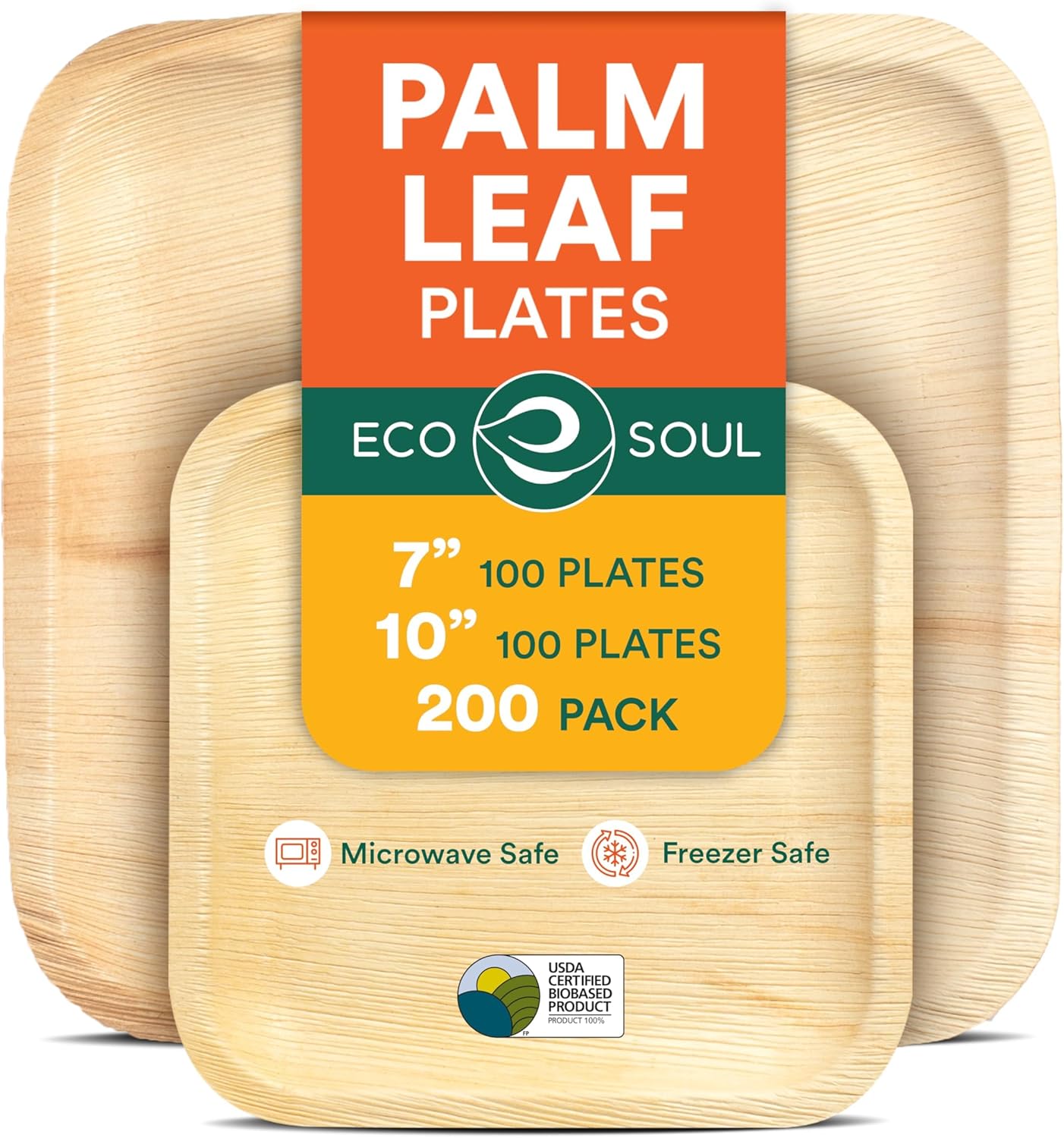 ECO SOUL Compostable 7 & 10 Inch Palm Leaf Square Plates (200 Count) Like Bamboo Plates | Biodegradable | Eco-Friendly, Microwave & Oven Safe - Party Pack