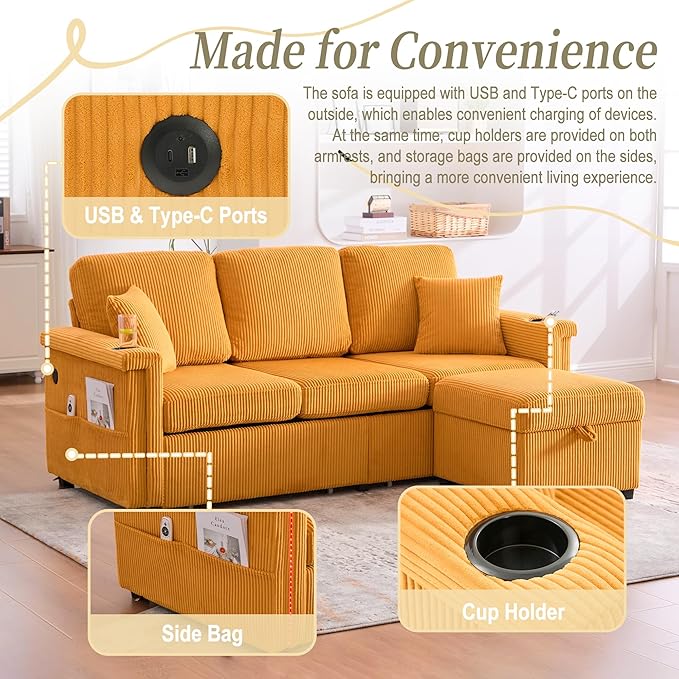 L-Shaped Sectional Sofa with Storage & Movable Ottoman, Corduroy 3 Seater - Image 6