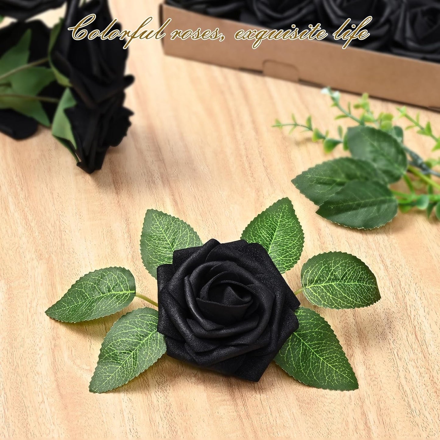 BLEUM CADE 36Pcs Artificial Flowers Fake Roses with Stems, Black Boxed Foam Roses for DIY Bouquets Centerpieces Wedding Party Arrangement Bridal Shower Decor