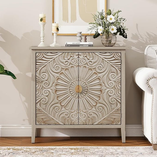 31.5" Farmhouse 2-Door Carved Accent Storage Cabinet, Vintage Distressed Floral by YHAOWORKS