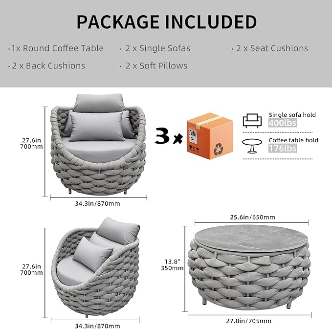 TWT 3 Pieces Aluminum Patio Furniture Set, Hand Woven Textilene Rope Outdoor - Image 2