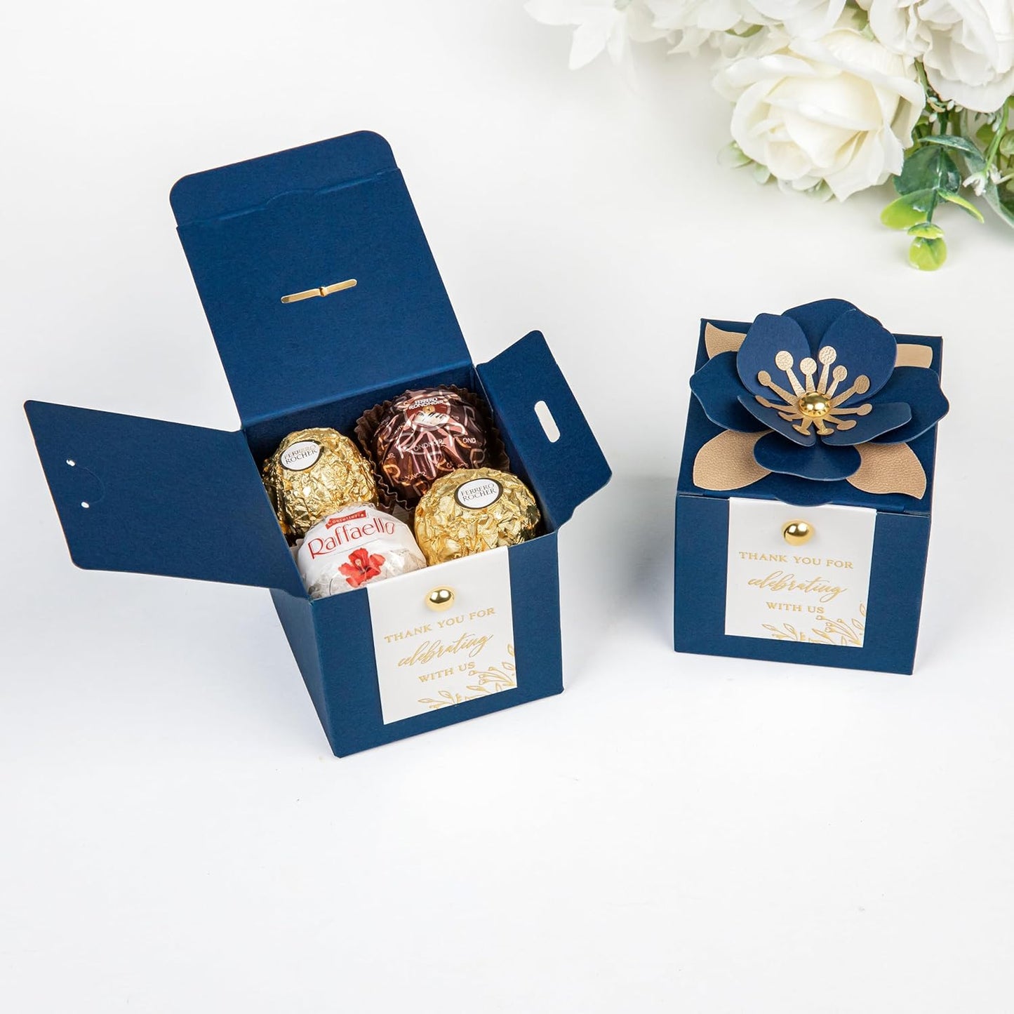 FEIYI 20 PCS Favor Boxes, 3 In 1 Navy Blue Candy Boxes with Floral Decor, White Thank You Tags Gold Foil Print Gift wrapping for Wedding, Baby Shower, Birthday, Decorations Party - 2.55x2.55x2.55
