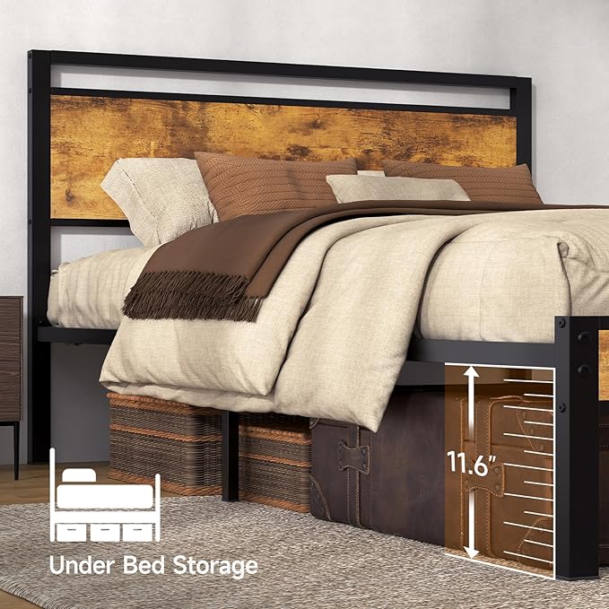 King Metal Bed Frame with Wooden Headboard and Footboard, Heavy Duty Platform - Image 5