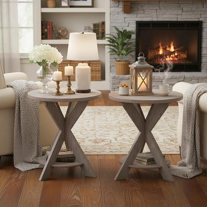 Set of 2 Farmhouse Cross Leg end Table, French Country Accent Side Table - Image 2