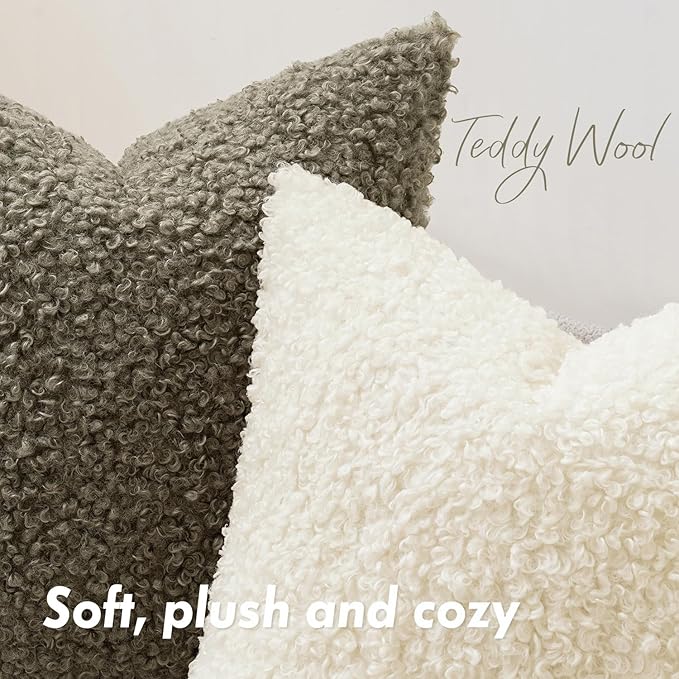 Faux Fur Throw Pillow Covers 20x20 Inch Set of 2 Boucle Neutral Decorative - Image 2