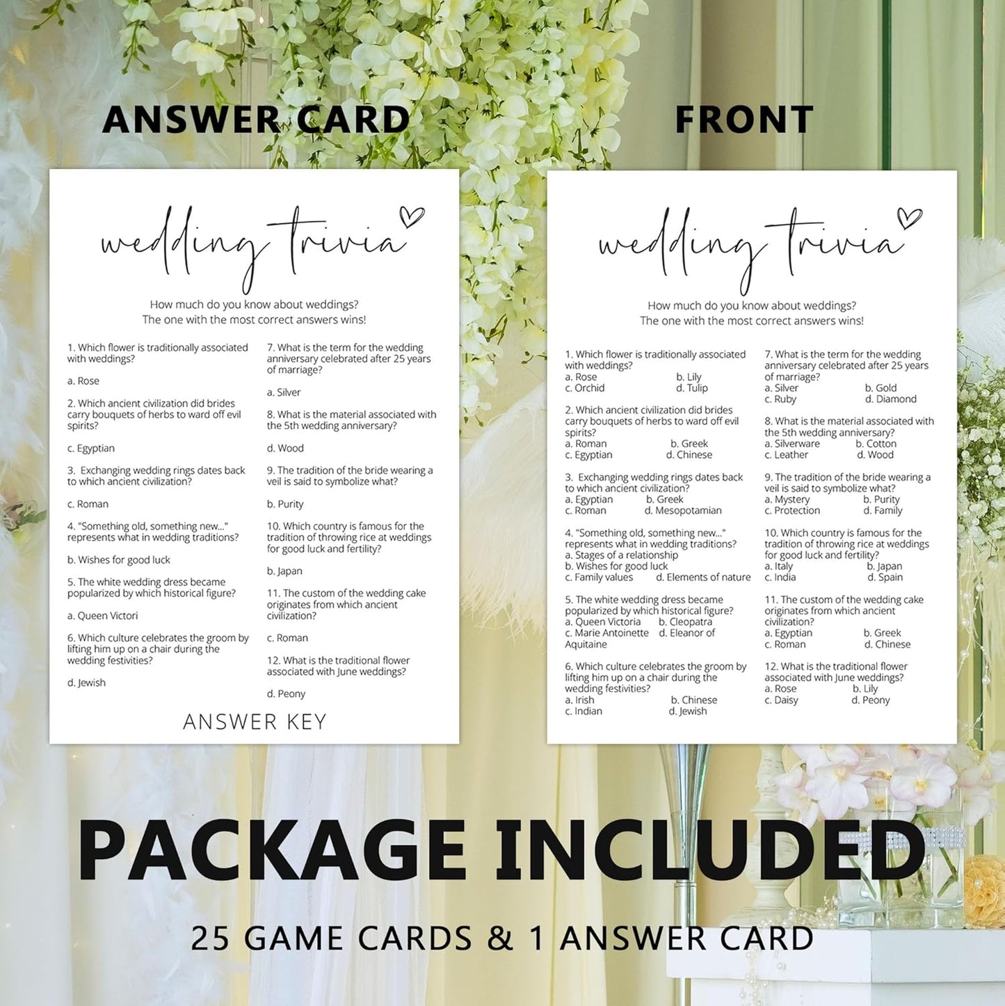 Bridal Shower Games, Wedding Trivia, 25Pcs Minimalist White Double-Sided Bridal Game Cards with 1 Answer Key, Wedding Shower Games for Guests, Engagement Bachelorette Party Supplies - A08