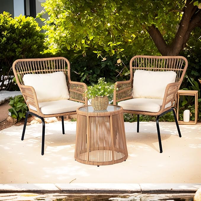 3 Piece Outdoor Wicker Furniture Bistro Set, Rattan Chairs Conversation Sets - Image 7