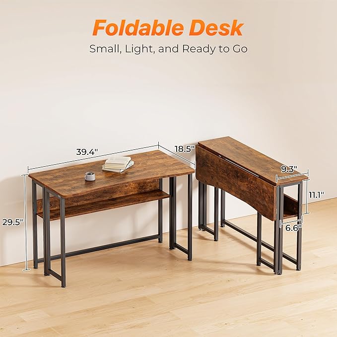 Huuger Folding Desk with Storage Shelf, 39.3 Inch Foldable Computer Table - Image 2