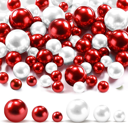 180PCS Red & White Beads for Centerpieces Vases, No Hole Polished Pearl Makeup Beads Mixed 8/14/20mm Sizes, Pearl Vase Fillers Table Scatters for Party Wedding Decor
