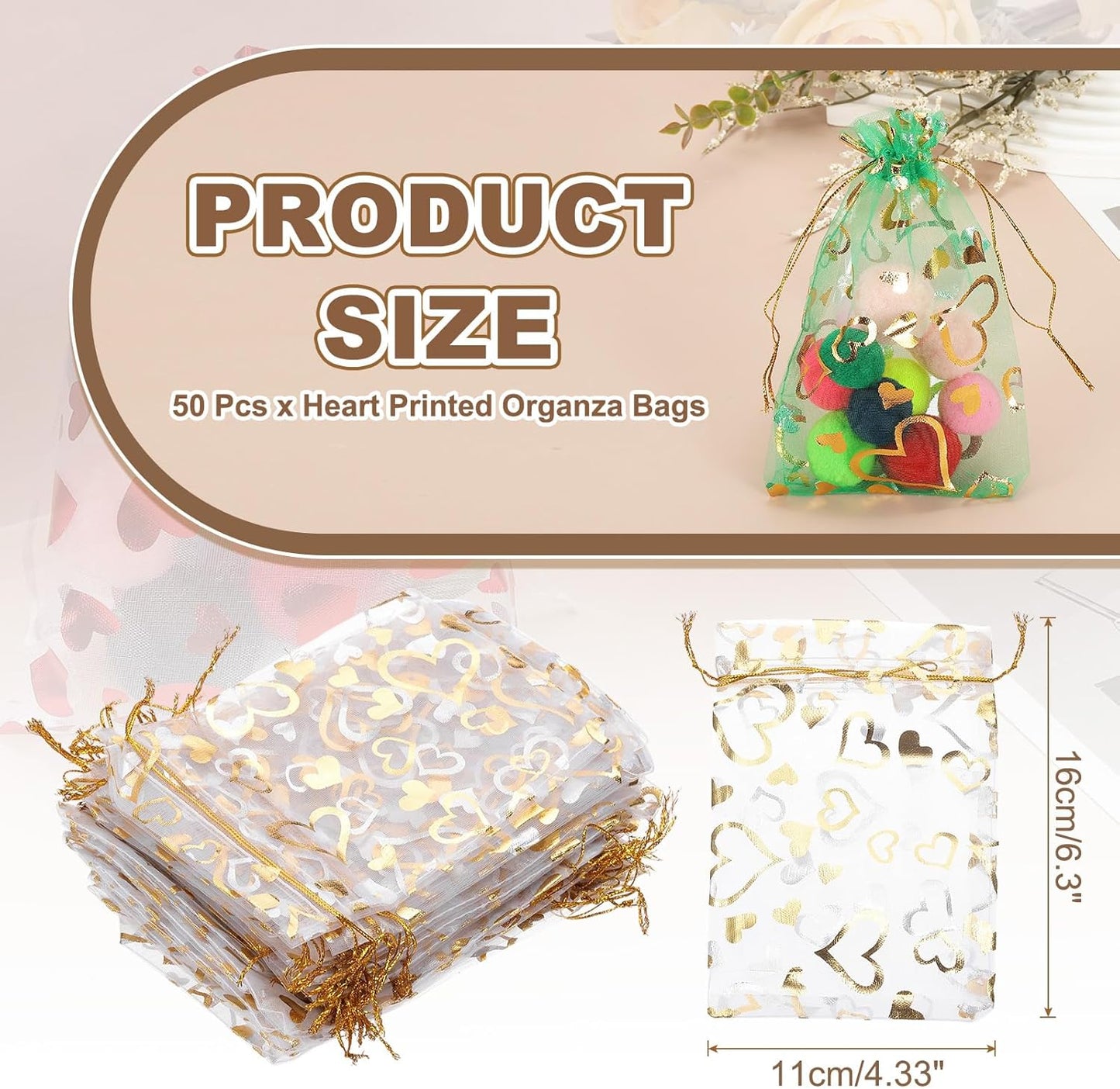 PATIKIL 50 Pcs 4x6 Inch Heart Printed Organza Bags, Gold Silver Sheer Heart Organza Bags with Drawstring for Christmas Candy Jewelry Party Wedding Favor Gift