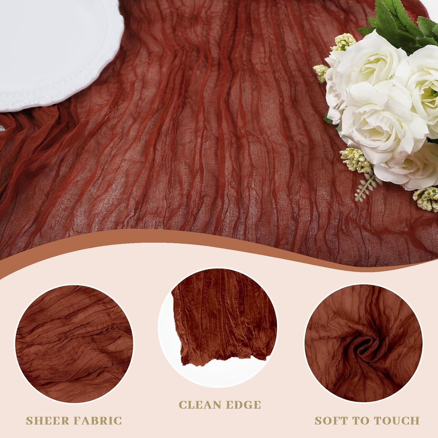 Le courant 6pcs 10Ft Cheesecloth Table Runner, Rustic Boho Gauze Cheese Cloth Runner Table Runner for Weddings Bridal Baby Shower Birthday Holiday Parties Home Decor, Terracotta