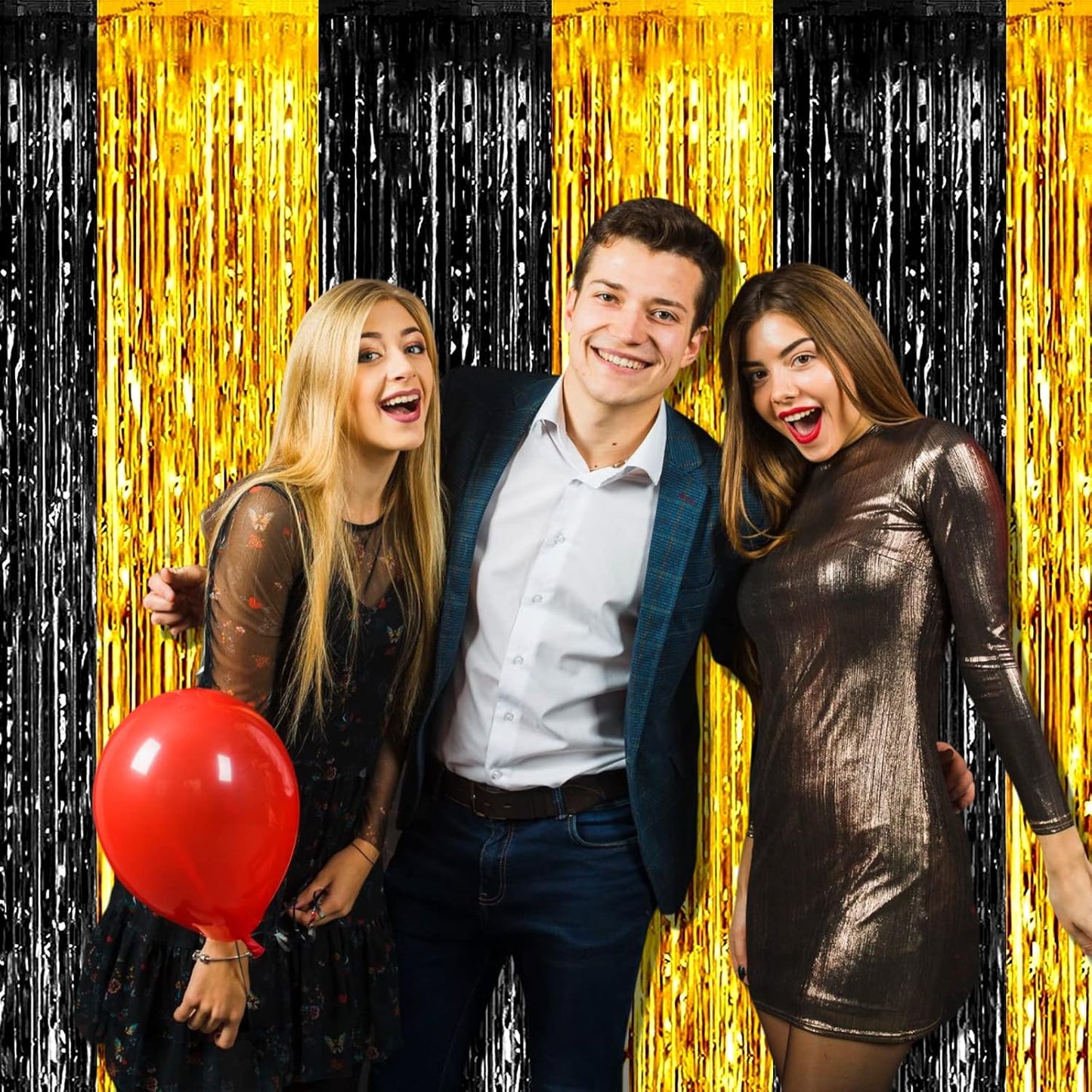 4 Pack Black Gold Foil Fringe Curtain Backdrop, 3.28Ft x 9.8Ft Metallic Tinsel Foil Fringe Streamers Curtains for Photo Booth, Wedding, Graduation, Birthday, Carnival Party Decoration