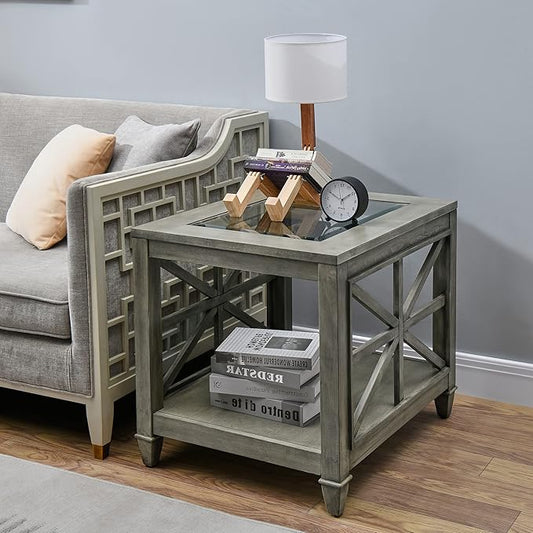 Farmhouse End Table Living Room, Furniture Solid Wood Square Large Side Tables by JESONVID