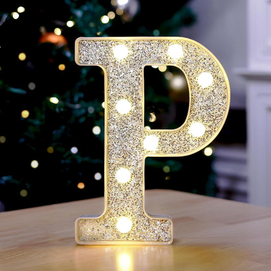 Marquee Light Up Letters, Glitter Silver LED Letter Lights Battery Powered Alphabet Letter Sign for Night Light Wedding Birthday Party Cafe Bar Decoration Girls Room Decor - P
