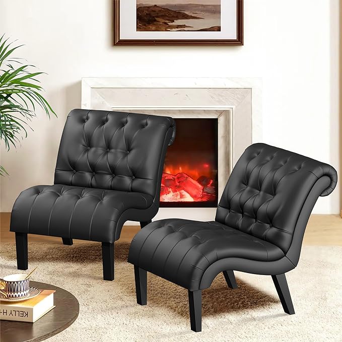PU Leather Accent Chairs Set of 2 Button Tufted Upholstered Modern Armless by lightupyourlife