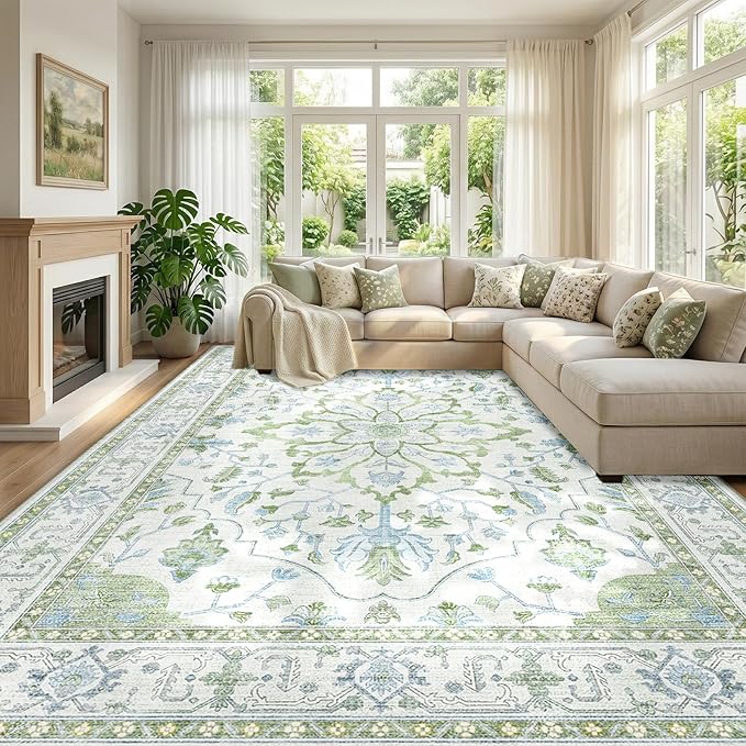 RELEANY Area Rugs 9'x12' Washable Non-Slip, Floral Vintage Distress Print by RELEANY