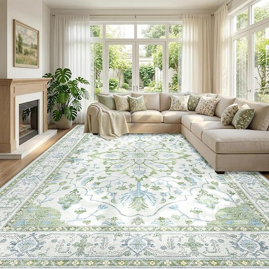 RELEANY Area Rugs 9'x12' Washable Non-Slip, Floral Vintage Distress Print by RELEANY