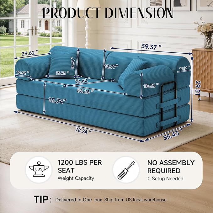 79'' Convertible Sofa Bed, 6 in 1 Folding Floor Futon Couch Sleeper - Image 2