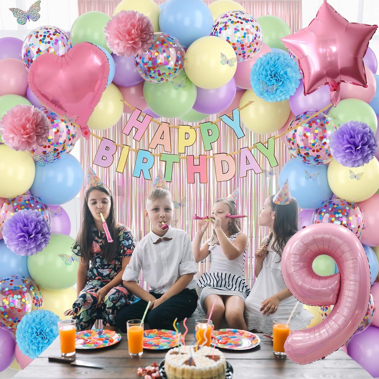 Pastel 9th Birthday Party Decorations for Girls Number 9 Balloon Happy Birthday Banner Butterfly Stickers Fringe Curtain Paper Pom Poms Macaron Pink Star Heart Foil Colorful Balloons 9 Year Old Decor
