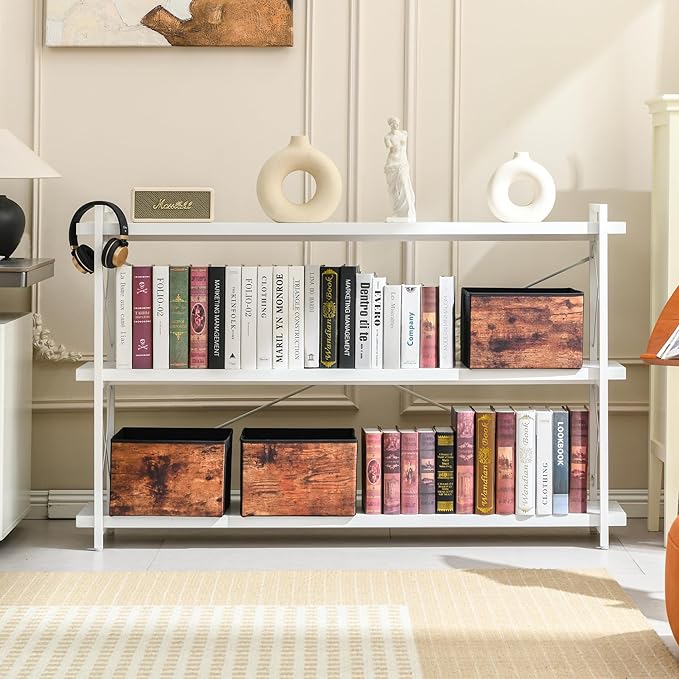 HCHQHS Bookshelf, 3-Tier Long Industrial Bookcase, Freestanding Horizontal - Image 2