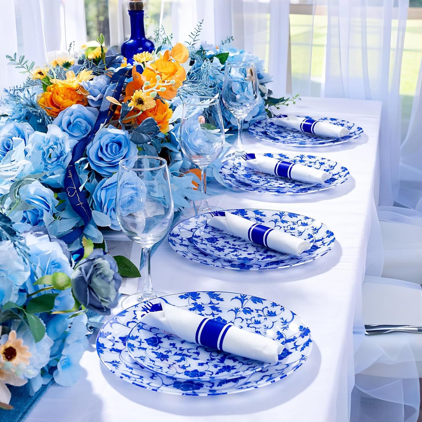 400PCS Pre Rolled Blue Plastic Silverware Sets - Heavy Duty Blue Cutlery - Include 100 Pack Wrapped Disposable Utensils with Napkins for Parties & Dinners & Weddings