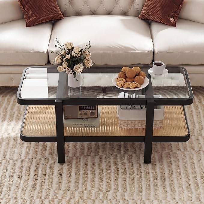 Giantex Rattan Coffee Table, 47.5" Rectangle Solid Wood Tea Table w/Tempered - Image 3