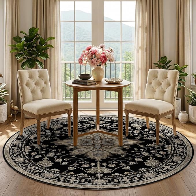 RELEANY Area Rugs Round 5ft Washable Non-Slip, Floral Vintage Distress Print - Image 2