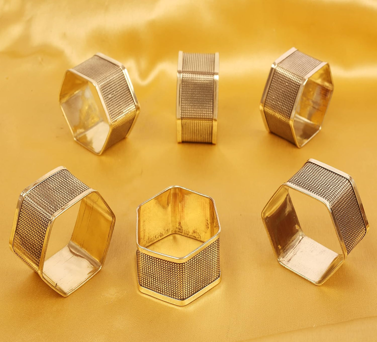 Brass Base Artistic Handcrafted Beautiful Geometric Hexagon Shape Large Size Party Dining Table Napkin Holders in Antique Gold Tone. (Set of 6).