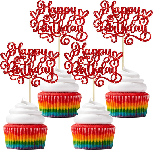 Gyufise 24Pcs Happy Birthday Cupcake Toppers Glitter Happy Birthday Cupcake Picks for Celebrating Happy Birthday Anniversary Theme Party Cake Decorations SuppliesRed