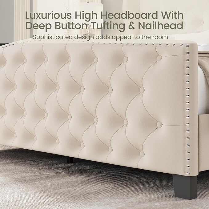 LARMACE Queen Size Bed Frame Velvet Upholstered Platform Bed - Image 5
