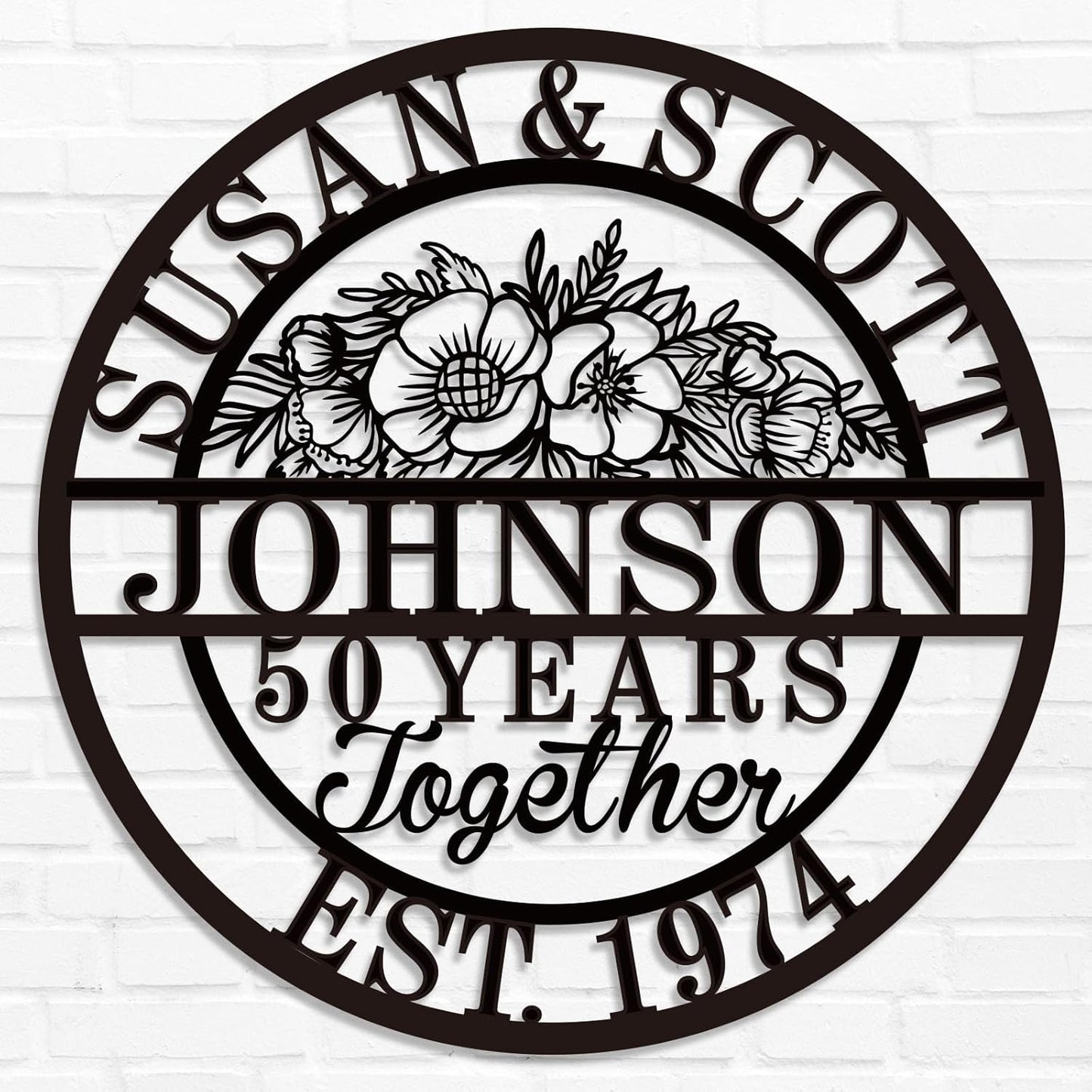 Custom 50th/40th/60th/70th/30th/1-99 Years Wedding Anniversary Sign Gifts for Couples Parents, Custom Metal Monogram Sign Personalized Family Name Signs (Flowers)