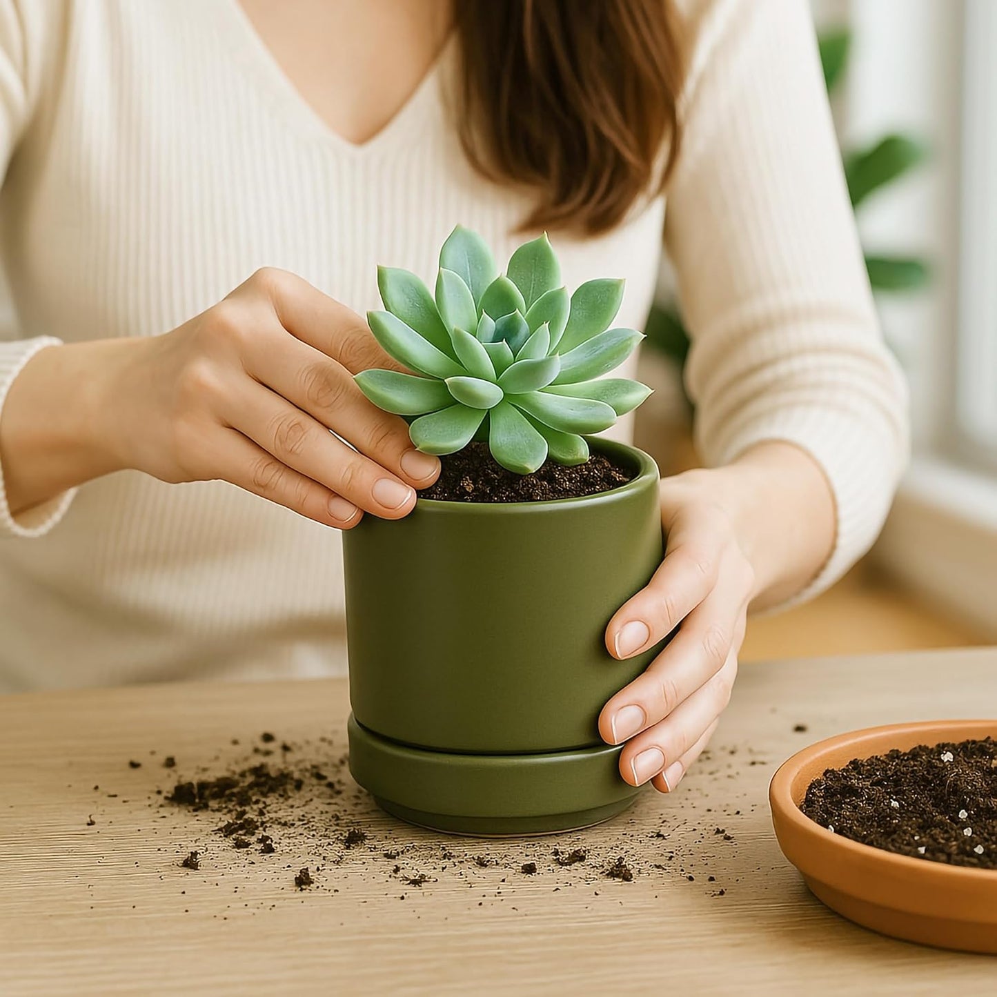 D'vine Dev Set of 4 Small Ceramic Plant Pots, 4.7 Inch Succulent Planter Pot for Plants with Drainage Hole and Saucer, Olive, 94-X-B-0