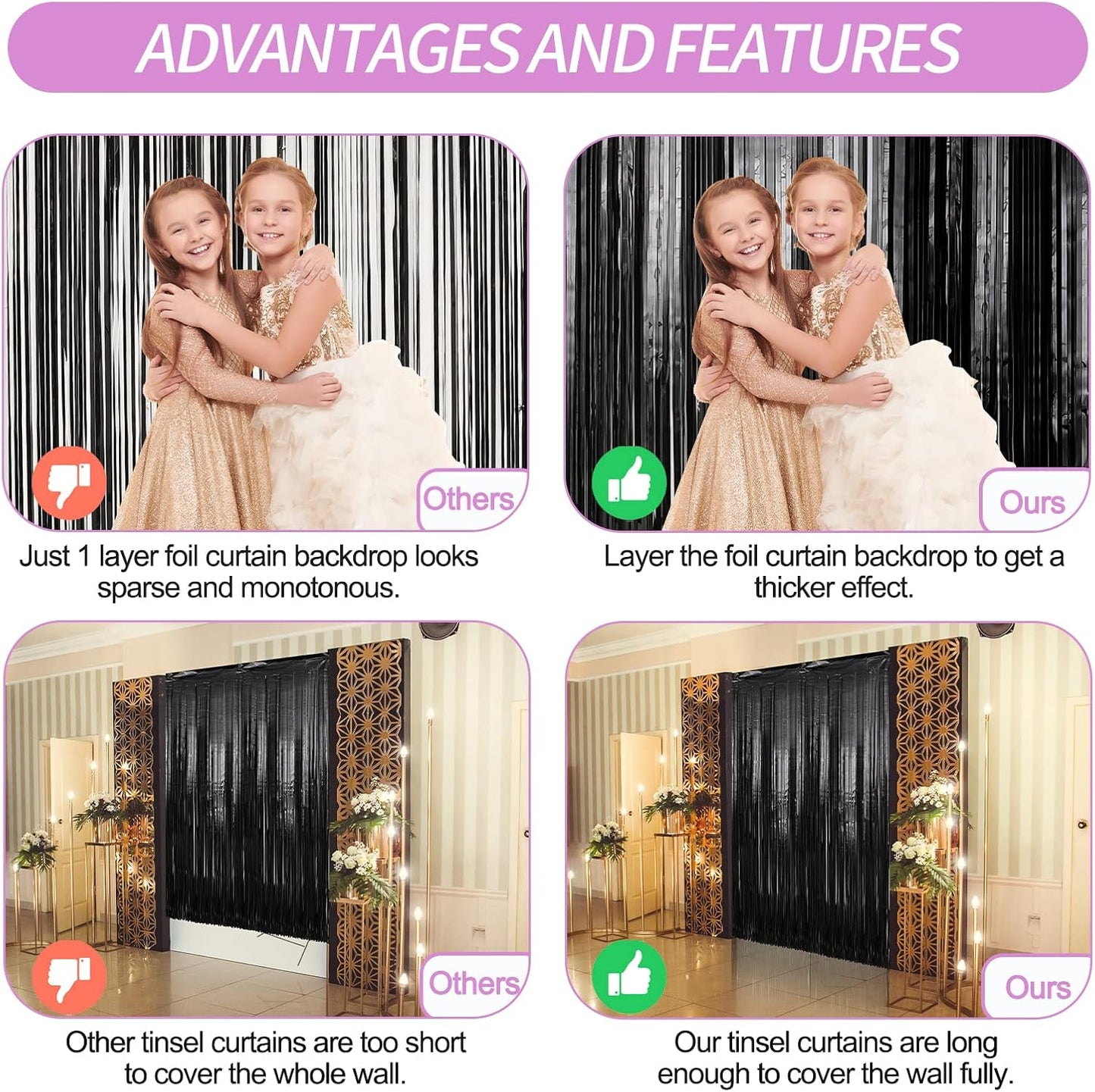 Crosize 3 Pack 3.3 x 9.9 ft Black Foil Fringe Backdrop Streamer Curtains, Birthday Party Decorations, Tinsel Curtain for Parties, Photo Booth Backdrops, Party Decor