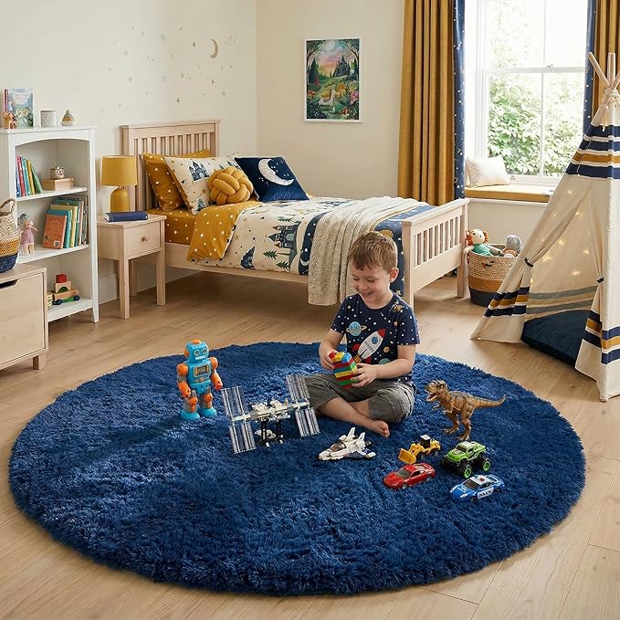 Navy Blue Round Rug 7Ft for Living Room Bedroom, Large Fluffy Fuzzy Circle Area - Image 7