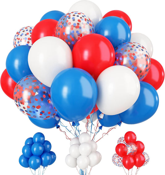Paready Red and Blue Latex Balloons, 30 Pcs 12 Inch White and Red Blue Confetti Balloons with Ribbons for 4th of July Independence Day Birthday Baby Shower American Party Graduation Decoration