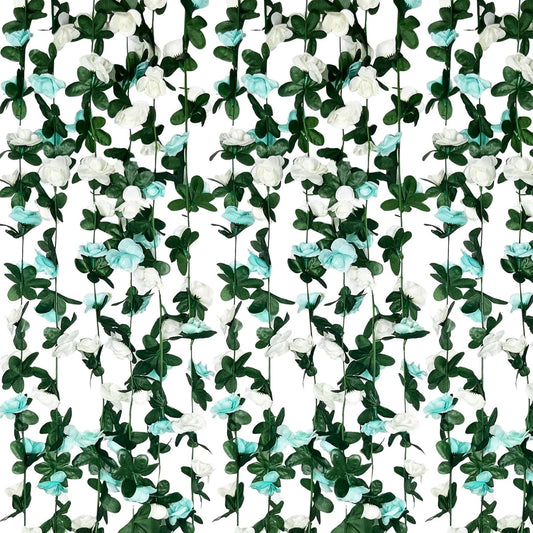 8Pcs 63Ft Teal&White Rose Garland, Fake Rose Hanging Flowers, Artificial Flower Vine, Hanging Floral Vine Garland for Wedding, Birthday Party, Wall Arch, Halloween, Christmas Garden Backdrop Decor