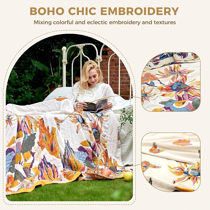 LUTBM Boho Throw Blanket for Bed 100% Cotton Soft Lightweight Quilt Floral - Image 3