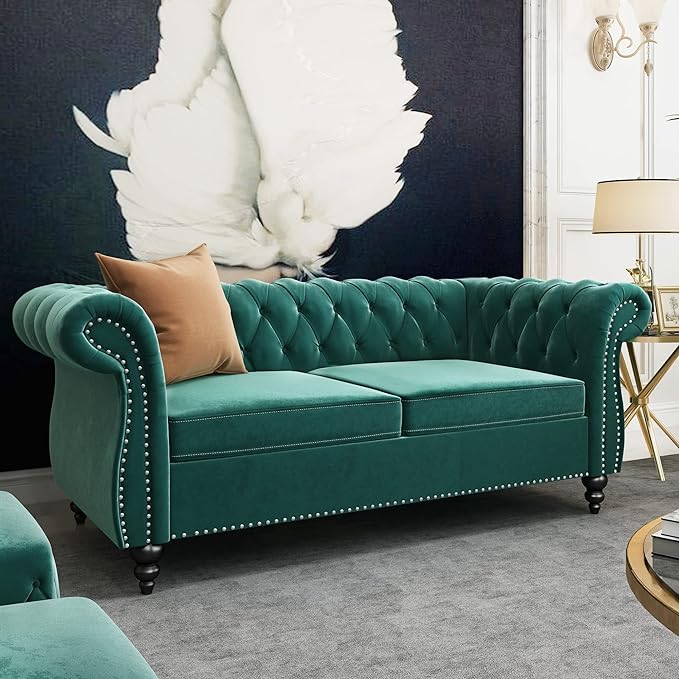 2 Piece Living Room Set, Velvet Chesterfield Sofa Loveseat Couch Chair - Image 4