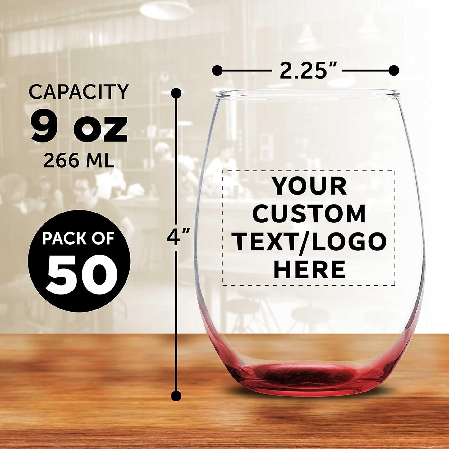Custom Stemless Wine Glass 9 oz. Set of 50, Personalized Bulk Pack - Great for Wedding Favors, Bachelorette Party Decorations, Party Favors, Color Bottom - Red