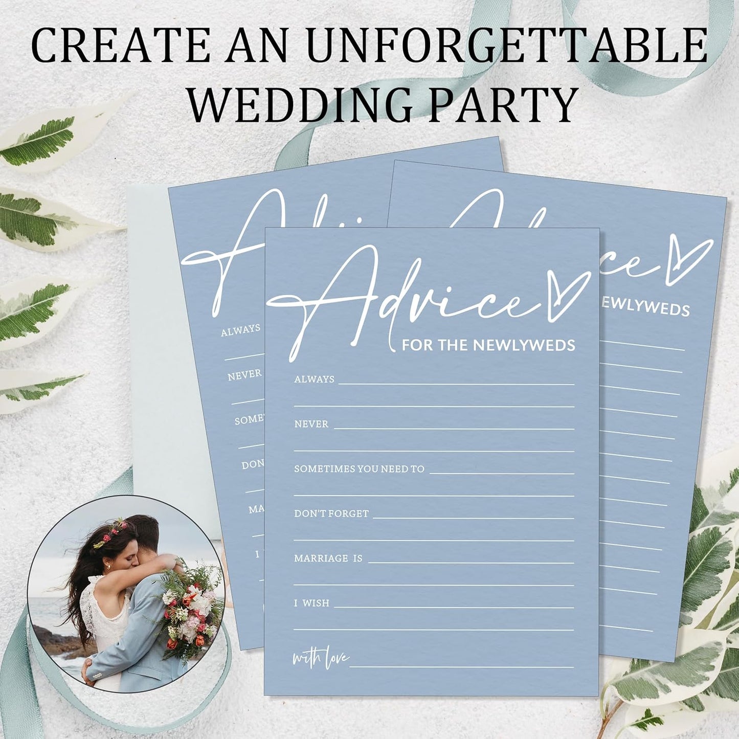 Wedding Advice Cards - Bdvice and Wishes for the Newlyweds Mr and Mrs Bride & Groom Perfect for Bridal Shower Wedding Games and Guest Book Alternative Pack of 25 Minimalist Blue 5x7 Inch Cards - B04