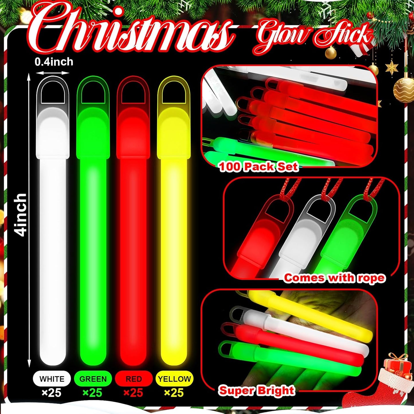 Lewtemi 4" or 6" 100 Pack Bright Glow Sticks Bulk, Glow in The Dark Party Supplies Birthday and Holidays Party Favors